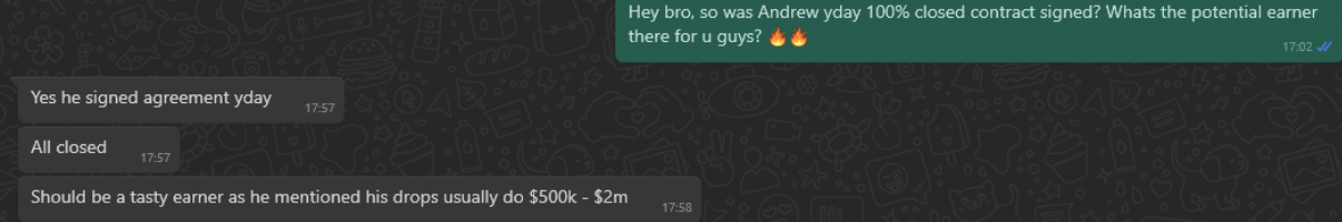 WhatsApp chat confirming a client's deal was fully closed and signed, worth $500K–$2M.