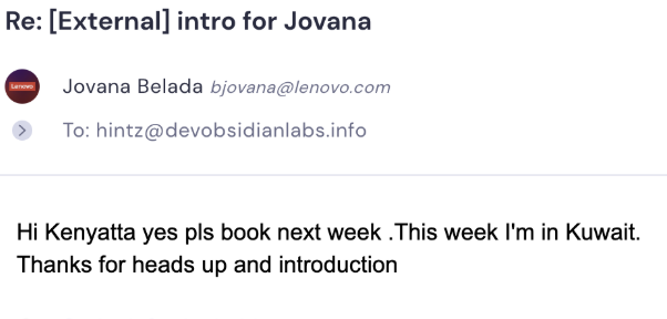 Cold email reply from a Lenovo decision-maker agreeing to book a meeting after a cold intro.